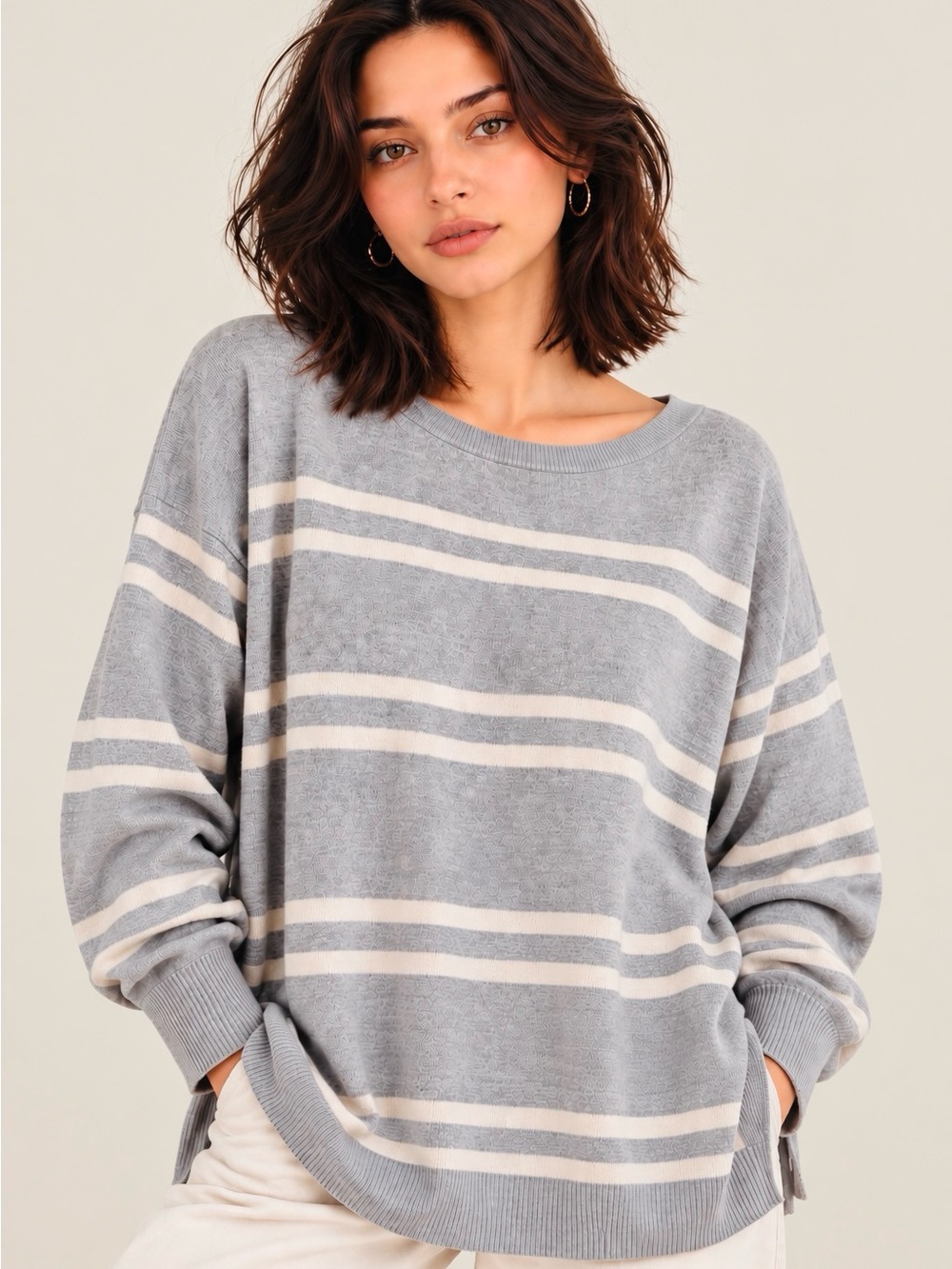Banana Republic Forever Sweater Womens L Gray Knit Long Sleeve Striped Pullover